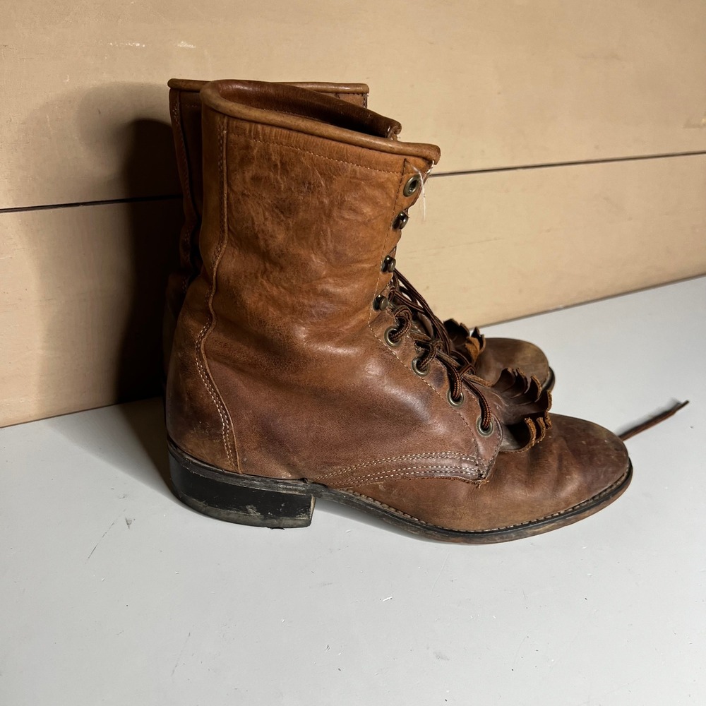 Laredo Vintage Brown Leather Packer Boots Kiltie Lace Up USA Made 7.5 M 112